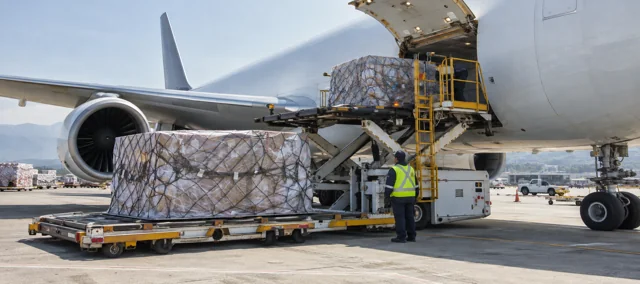 Palletised air cargo being loaded into a freight aircraft