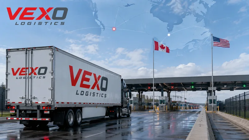 VEXO truck at a U.S.–Canada border crossing with both national flags