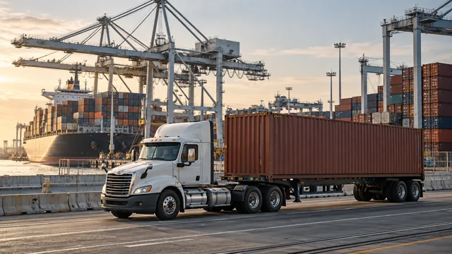 Container truck beside a ship and port cranes