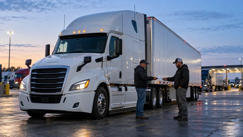 Two drivers exchanging shipment paperwork beside a tractor-trailer