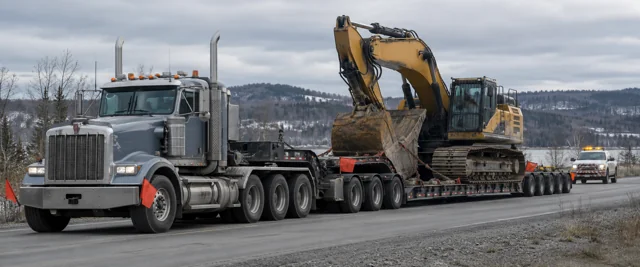Excavator on a heavy-haul trailer with escort vehicles