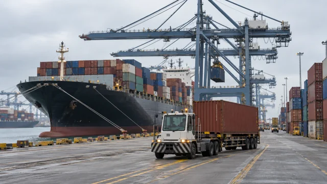 Container ship and terminal tractor at an ocean port