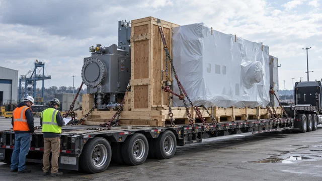 Large industrial equipment secured on a trailer with workers checking the load