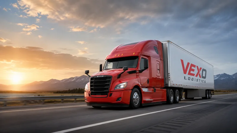 Red VEXO dry van truck travelling on a highway