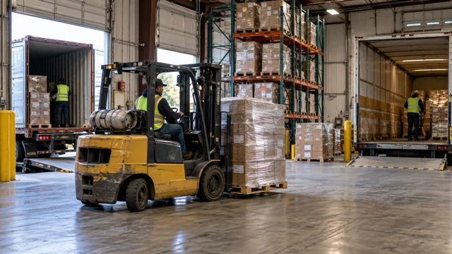 Forklift transferring pallets between warehouse loading docks