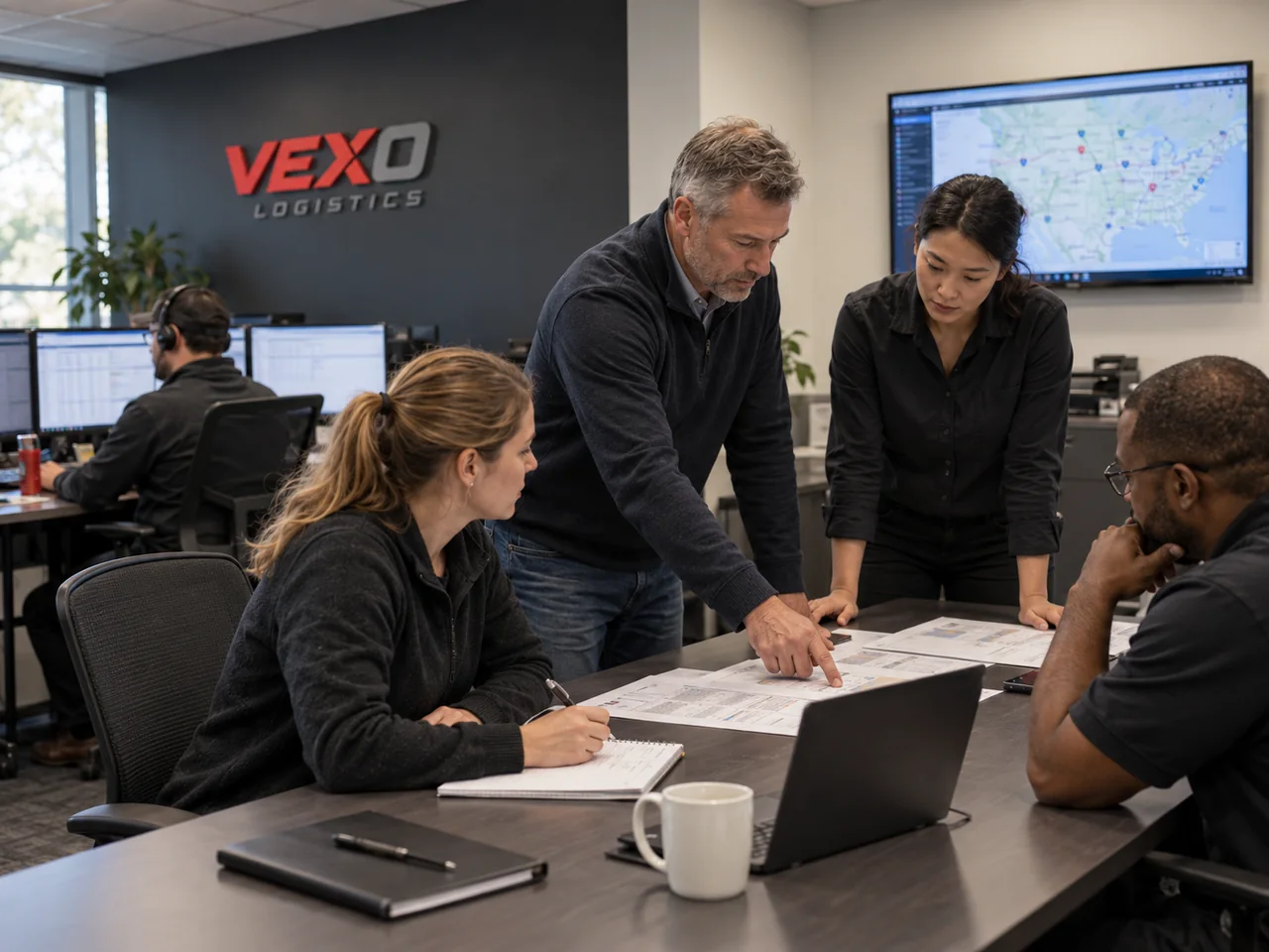 VEXO team reviewing shipment plans together in the office